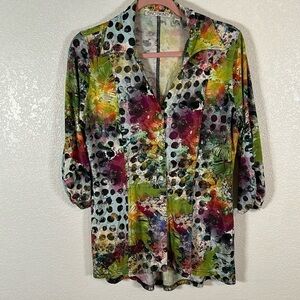 Sno Skins Artsy Watercolor Botanical Polka Dot Button Down Shirt Size Large